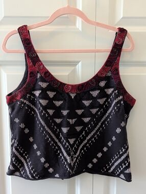 Free People Black Patterned Tank Top with Burgundy Trim - Women